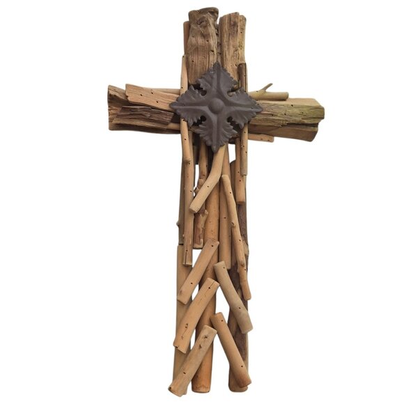 Other - Rustic Driftwood Cross Wall Decor Metal Accent 17 Inch